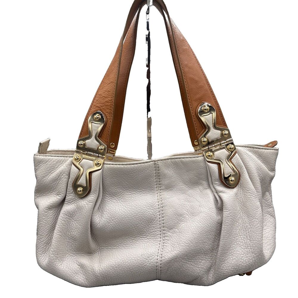 Michael Kors Joplin Shoulder Satchel Bag Bone & Cognac Leather Gold Hardware